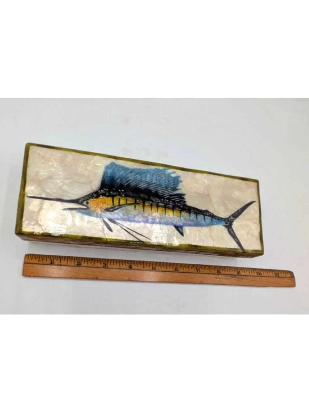Vintage Hand Painted Swordfish Capiz Shell Long Trinket Box Philippines 9